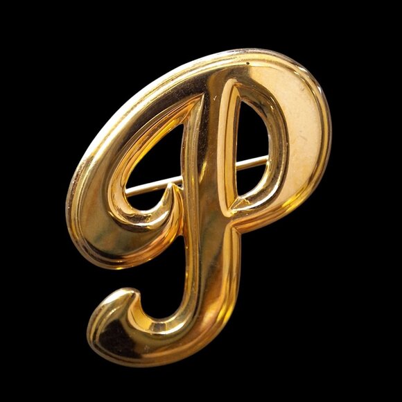 Monogram P Brooch Pin 1.5 Inch Gold Tone Smooth Initial - Picture 1 of 5